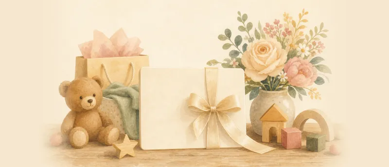 Gutschein-Mockup für ein Babyparty-Geschenk mit persönlicher Hörgeschichte auf einem festlich gedeckten Tisch