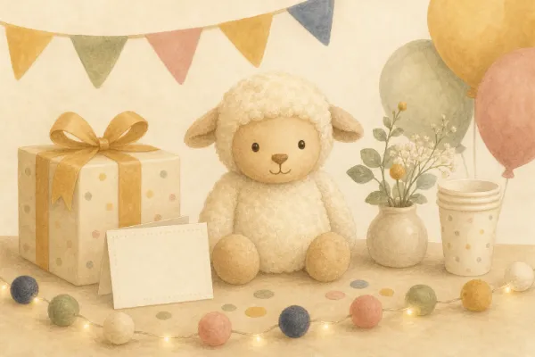 Plüschschaf mit Lautsprecher als Geschenk zur Geburt auf dem Tisch der Babyparty