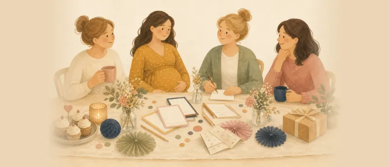 Festlich gedeckter Tisch mit Babyparty-Spielen wie Quizbögen, Stiften und Bingokarten
