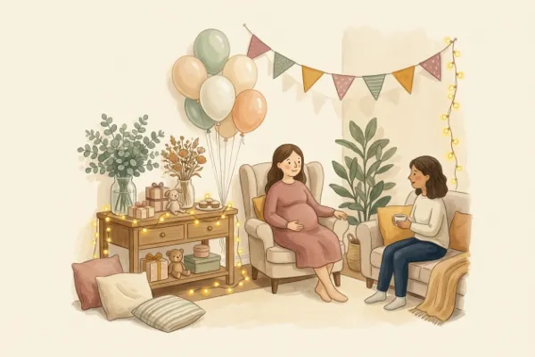 Babyparty-Deko mit Wimpelkette, zarten Luftballons und frischem Blumenschmuck