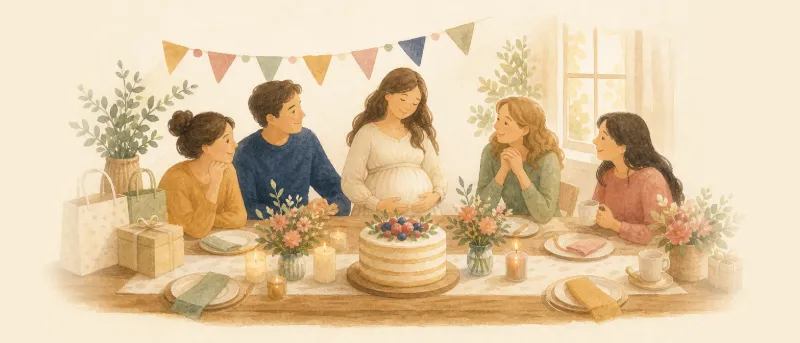 Festlich gedeckter Tisch mit Kuchen, Blumen und Luftballons für eine Babyparty
