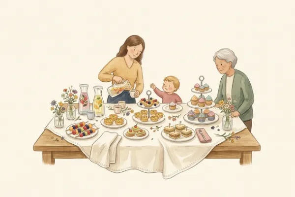 Babyparty-Ideen für den Tisch: Fingerfood, Obst und Getränke in zarten Farben