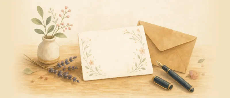 Danksagung zur Geburt: Karte mit floralem Motiv, Umschlag und Füller auf einem Holztisch