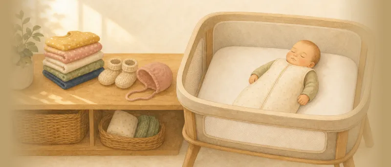 Erstausstattung fürs Baby: liebevoll gefaltete Babykleidung und Schühchen neben einem Beistellbett mit schlafendem Baby