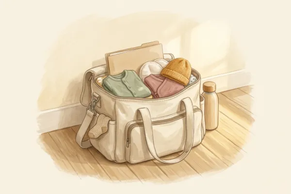 Gepackte Kliniktasche mit Dokumentenmappe, Wechselkleidung, Stilleinlagen und Babymütze vor heller Wand