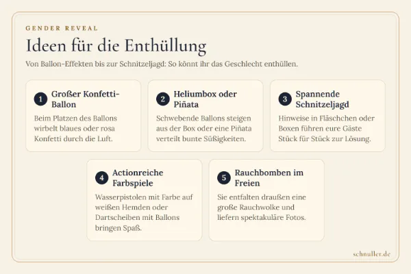 Infografik mit Ideen für die Gender Reveal Party: Konfetti-Ballon, Heliumbox, Schnitzeljagd, Farbspiele und Rauchbomben.