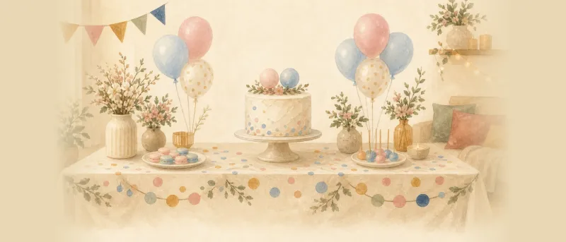 Festlich dekorierter Tisch für eine Gender Reveal Party mit rosa und blauen Luftballons, Konfetti und einer Torte