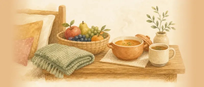 Geschenk fürs Wochenbett: Korb mit warmem Essen, Decke und Tee auf einem Tisch neben dem Bett