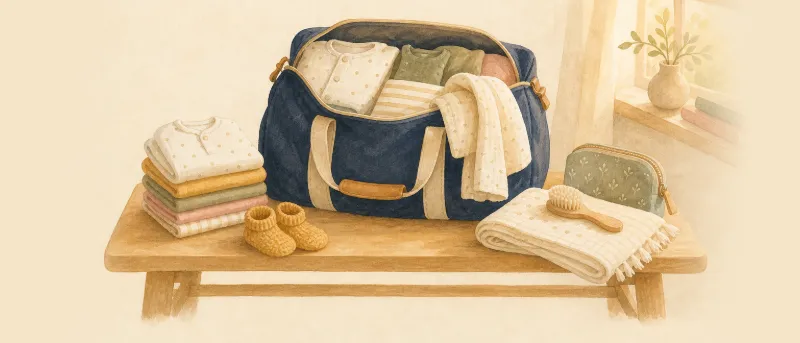 Gepackte Kliniktasche mit Kleidung, Pflegeartikeln und Babysachen steht bereit für die Geburt