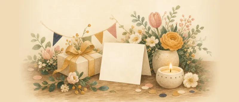 Geburtstagsgedicht: Festlich dekorierter Tisch mit Karte, Blumen, Geschenk und Kerzenschein als Titelbild der Sammlung.