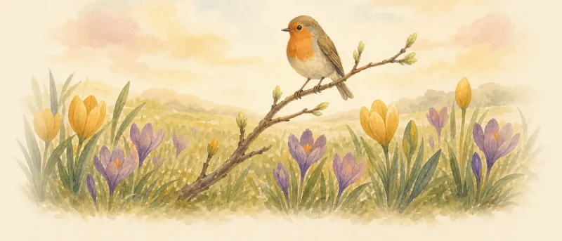 Frühlingsgedichte: blühende Krokusse, Tulpen und ein Vogel auf einer sonnigen Wiese im Garten