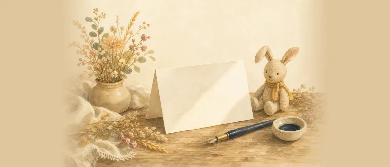 Offene Grußkarte für ein Gedicht zur Geburt auf einem Holztisch, dekoriert mit Füllfederhalter, getrockneten Blumen und Stofftier.