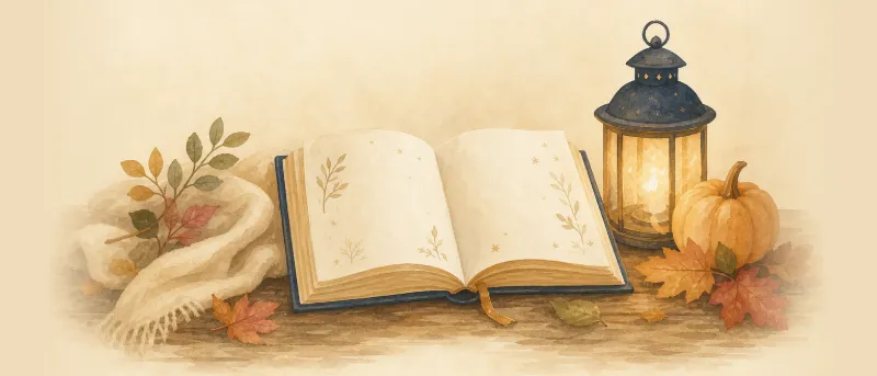 Gedichte für Kinder: Aufgeschlagenes Poesieheft auf einem Holztisch, daneben eine leuchtende Laterne, kleiner Kürbis und Herbstblätter.