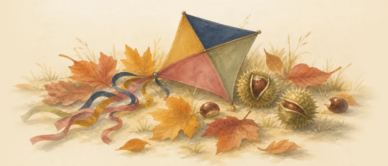 Herbstgedichte zum Vorlesen: buntes Laub, Kastanien und ein Drachen auf einer Wiese im Gegenlicht