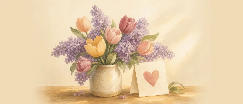 Strauß aus Flieder und Tulpen neben einer Grußkarte für Muttertagsgedichte auf einem Holztisch