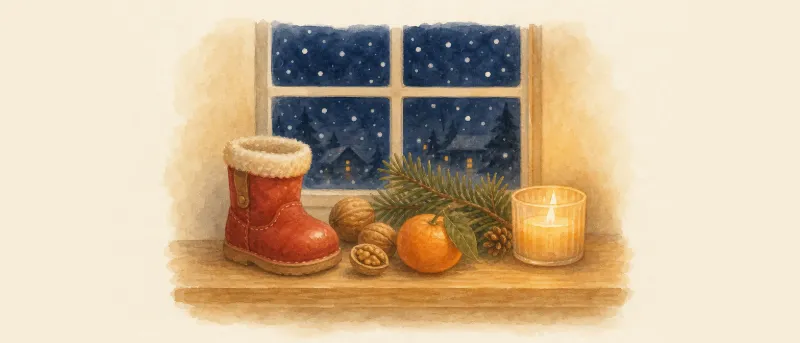 Geputzter roter Stiefel, Nüsse und Mandarine am Fenster im warmen Kerzenschein – bereit für das Nikolausgedicht am Nikolausabend.