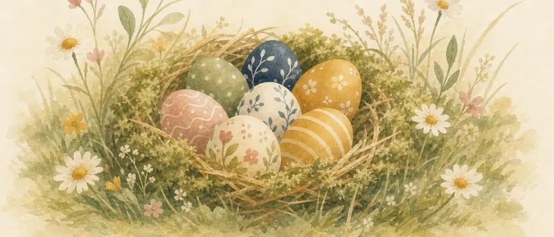 Ostergedichte: bunt bemalte Eier in einem Nest aus Moos und Heu auf grüner Wiese