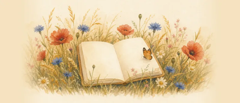 Sommergedichte: Aufgeschlagenes Buch zwischen Gräsern und rotem Mohn auf einer Sommerwiese