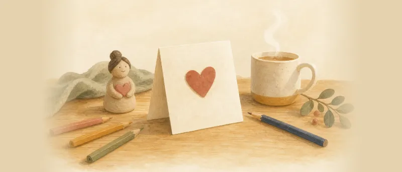 Karte für ein Vatertagsgedicht mit rotem Papierherz, Buntstiften und einer Tasse Kaffee auf einem Holztisch.