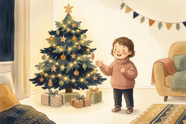 Illustration eines Kindes, das unterm Weihnachtsbaum ein kurzes Weihnachtsgedicht aufsagt