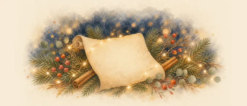 Kurze Weihnachtsgedichte: Festliche Dekoration mit Pergamentrolle, Tannenzweigen, Zimtstangen und warmen Lichtern.