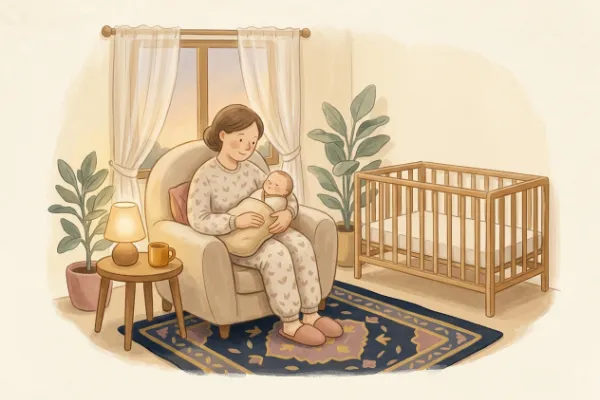 Geschenk zur Geburt personalisiert: Elternteil und Baby lauschen gemeinsam im gemütlichen Sessel einer Hörgeschichte.