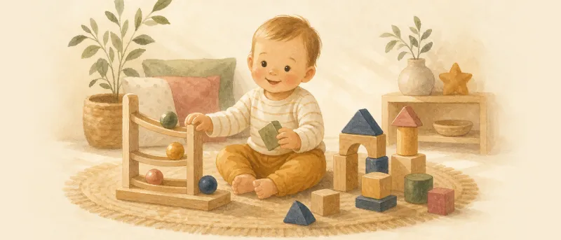Kleinkind sitzt zwischen Holzpuzzle und Kugelbahn – Geschenk zum 1. Geburtstag im Kinderzimmer