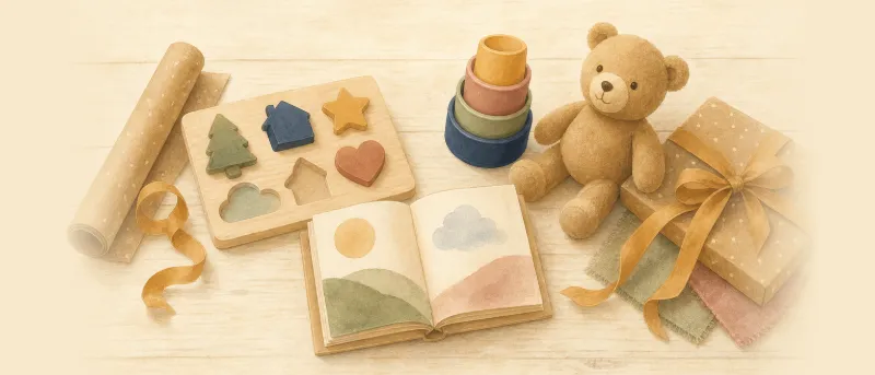 Geschenk für 2 Jahre: Holzpuzzle, Stapelbecher, Kuscheltier und ein Pappbilderbuch liegen mit Geschenkpapier auf hellem Holzboden