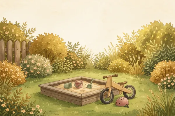 Laufrad mit Helm neben einer Sandkasten-Ecke im Garten