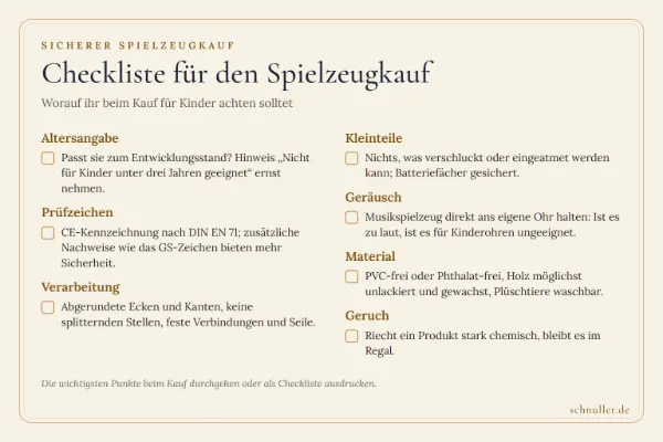 Checkliste für den sicheren Spielzeugkauf mit Kriterien zu Altersangabe, Prüfzeichen, Kleinteilen, Material und Geräusch.