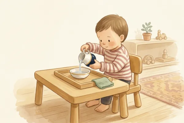 Kind füllt mit einer kleinen Kanne Wasser um – Montessori-Geschenk für 3-Jährige