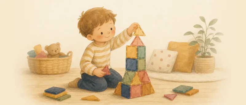 Geschenk für 3-Jährige: Kleinkind baut mit magnetischen Bausteinen einen Turm – Titelbild zum Ratgeber Geschenk 3 Jahre mit 25 Ideen