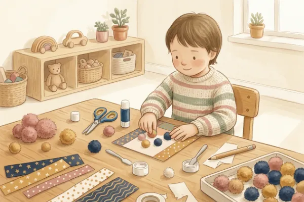 Bastelmaterial mit Kinderschere, Klebestift und buntem Papier als Geschenkidee