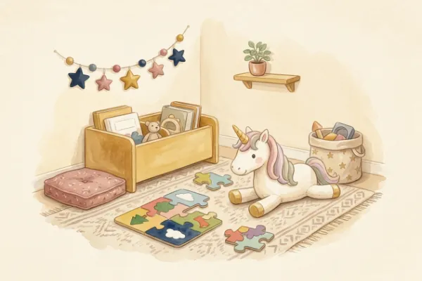 Einhorn-Kuscheltier und Puzzle auf einem Teppich im Kinderzimmer