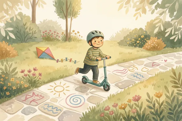 Kinderdrachen, Tretroller und Straßenmalkreide als Geschenk für 4-Jährige im Garten