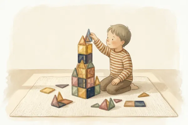 Ein Kind baut konzentriert mit bunten Magnetbausteinen einen Turm auf dem Teppich – Geschenk für 5-Jährige und Vorschulkinder.