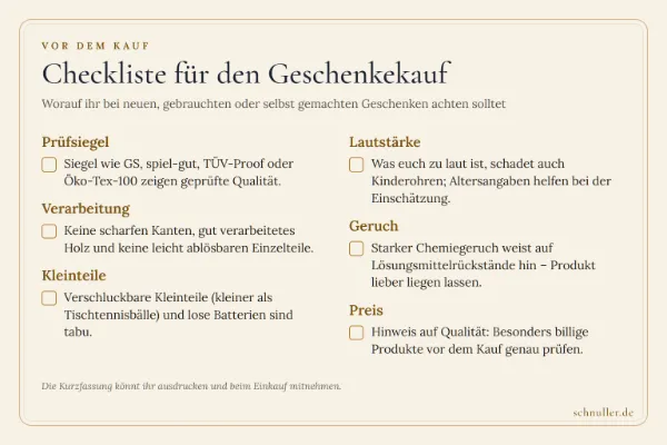 Checkliste für den Geschenkekauf mit 6 Prüfpunkten: Prüfsiegel, Verarbeitung, Kleinteile, Lautstärke, Geruch und Preis.