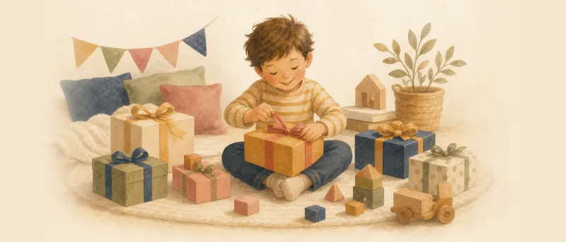 Geschenk für 5-Jährige: Ein Kind sitzt fröhlich auf einem Teppich zwischen bunt verpackten Geschenken mit Schleifen und Spielzeug.