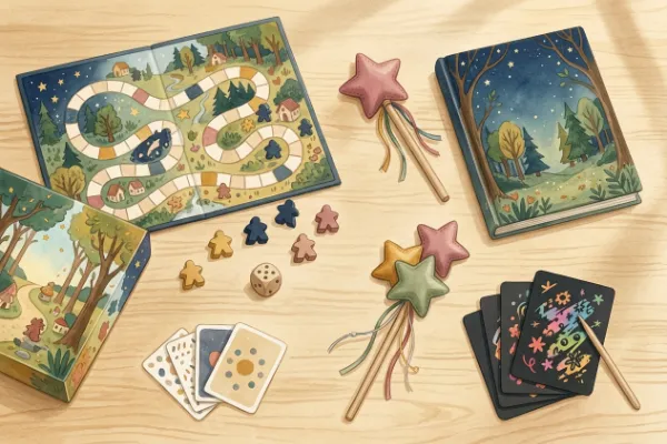 Geschenk für 6-Jährige flach ausgelegt: Brettspiel, Bilderbuch, Zauberstab und Kratzbilder auf hellem Holz