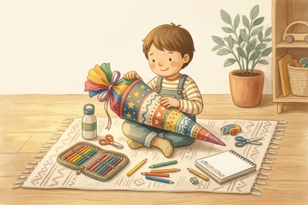 Geschenk für 6-Jährige zur Einschulung: Kind packt Schultüte neben Federmäppchen, Buntstiften und Trinkflasche aus