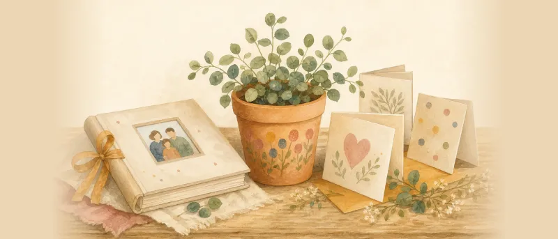 Titelbild: Abschiedsgeschenk Kita – bemalter Blumentopf mit Fingerabdrücken, daneben gefaltete Karten und ein Fotoalbum