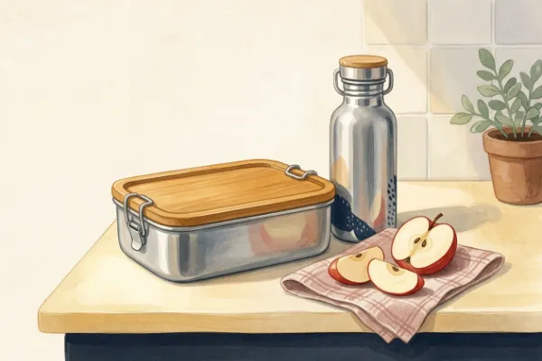 Brotdose und Trinkflasche als praktisches Geschenk zur Einschulung, bereitgestellt mit frischen Apfelschnitzen.