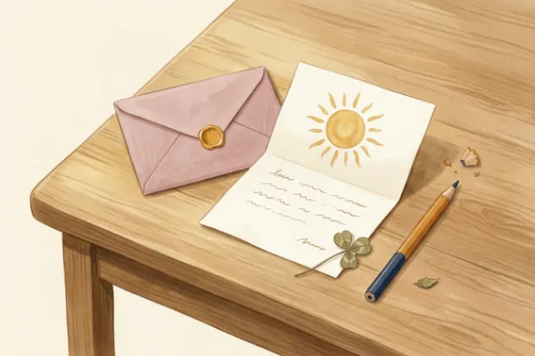 Liebevoll gestalteter Umschlag mit gemalter Sonne und kleiner Notiz als Mutmach-Geschenk zur Einschulung.