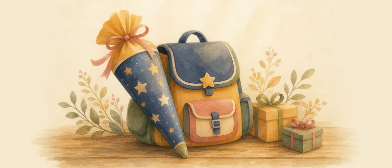 Geschenk zur Einschulung: gepackte Schultüte, Schulranzen und kleine Geschenke auf einem Holztisch