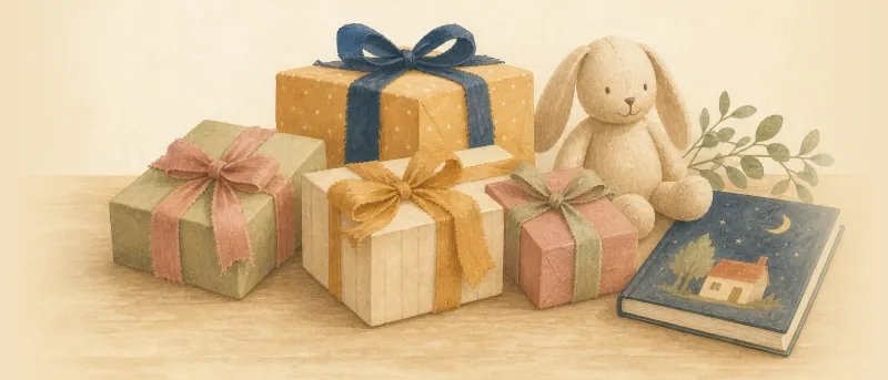 Geschenke für Kinder: bunt verpackte Päckchen mit Schleifen, ein Bilderbuch und ein Kuscheltier auf einem Holztisch