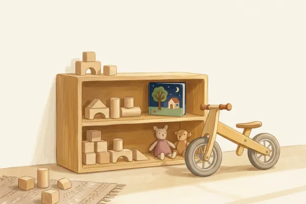 Geschenkideen für Kinder nach Alter: Laufrad, Bauklötze und ein Buch nebeneinander im Regal