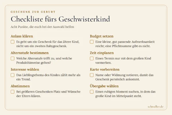Checkliste mit acht Punkten zur Auswahl eines Geschenks für das Geschwisterkind zur Geburt.