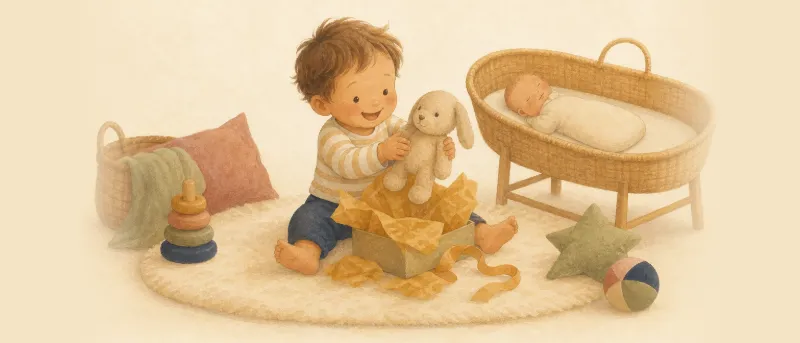 Geschenke fürs Geschwisterkind zur Geburt: ein großes Kind packt ein Kuscheltier aus, daneben steht ein Babykörbchen