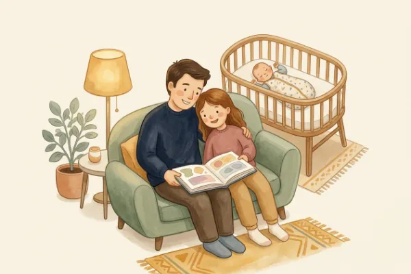 Großes Kind und Erwachsener blättern gemeinsam in einem Fotobuch, Baby schläft daneben