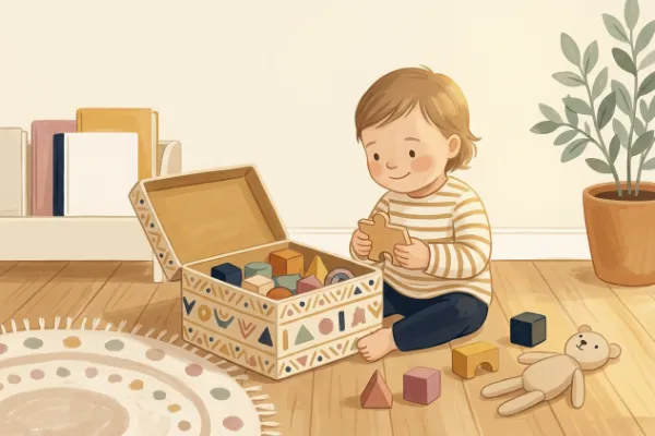 Kind packt ein Holzpuzzle und eine Kiste mit kleinen Spielsachen aus – Ideen für große Geschwister